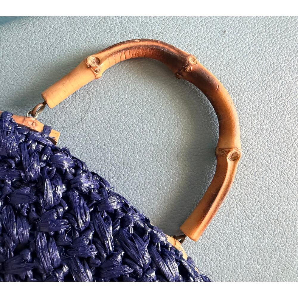 Vintage 1950s Micro Mini Cobalt Blue Woven Raffia Purse Miniature Bamboo Handle - Picture 3 of 6